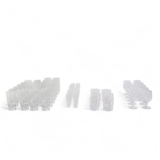 20 Baccarat Crystal Drinking Glass, 16 Baccarat Crystal Liquor Shot Glass, 6 Baccarat Crystal Whiskey Glass, and 10 Riedel Vinum Water Glasses, Set of 52