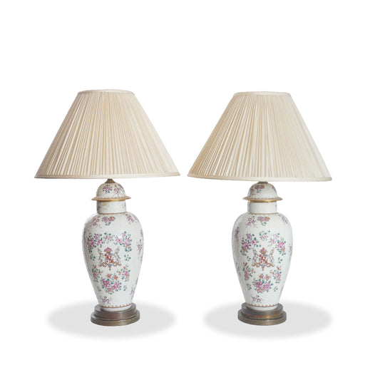 Antique French Edme Samson Armorial Pot w Lid Lamps, Pair of