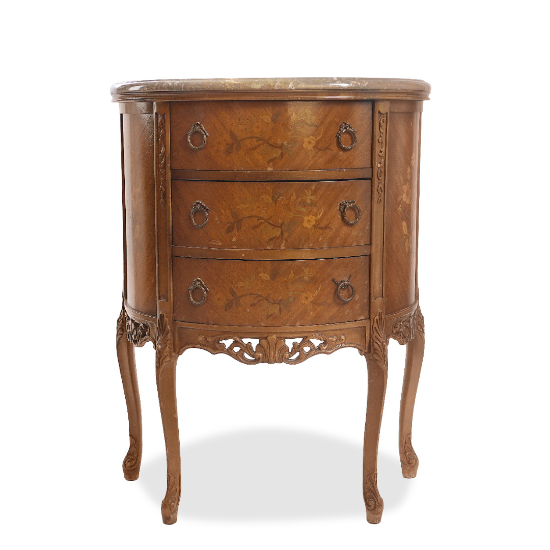 Antique French Louis XV Demilune Marquetry Inlaid Marble Top Side Table & Nightstand