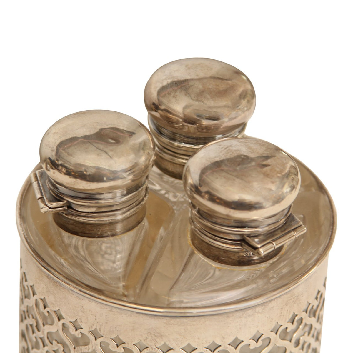Antique French Sterling Silver and Glass 3 Scent Bottle Caddy