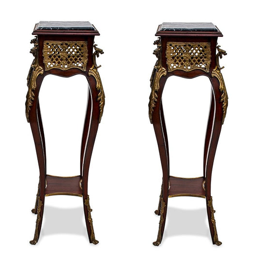 Pair of Vintage French Louis XV Pedestals with Bronze Ormolu and Marquetry