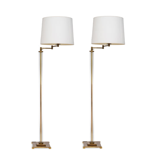 Modern Glass and Brass Adjustable Floor Lamps, Pair of