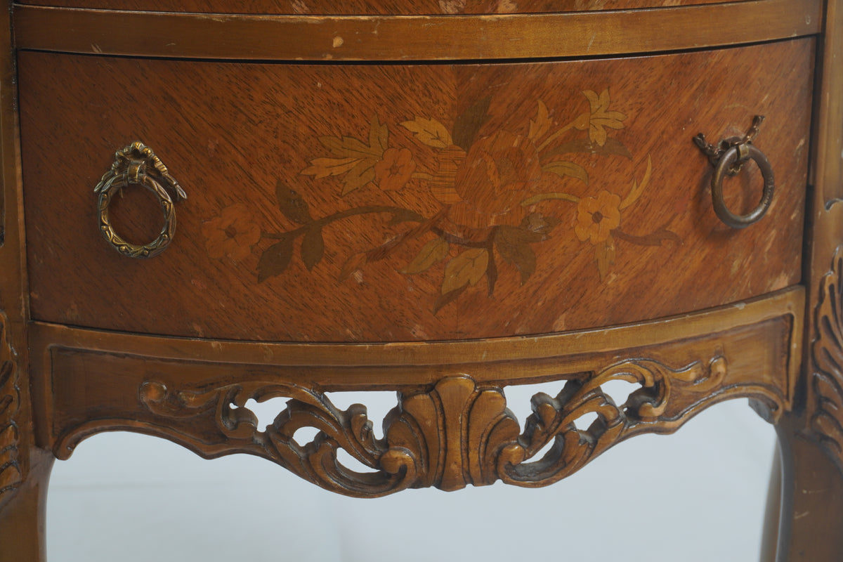 Antique French Louis XV Demilune Marquetry Inlaid Marble Top Side Table & Nightstand