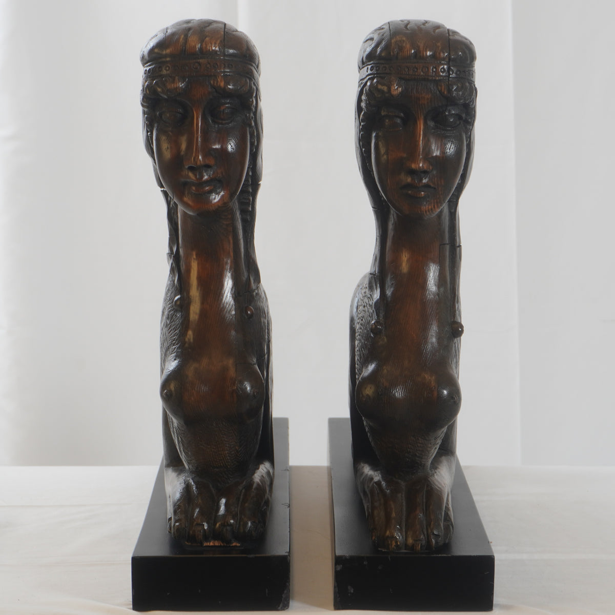 Vintage Egyptian Revival Hand Carved Sphinx, Pair of