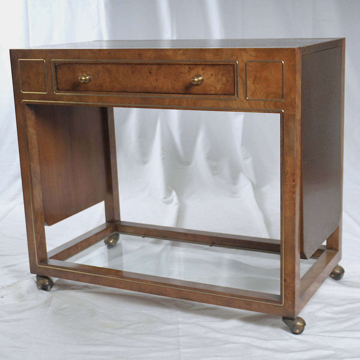 Mastercraft Drop Leaf Burl Wood Rolling Serving Cart Bar with Textured Brass Top