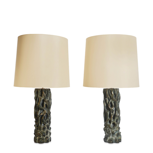 James Mont Tall Hand Carved Gilt Lamps Attributed to, Pair of