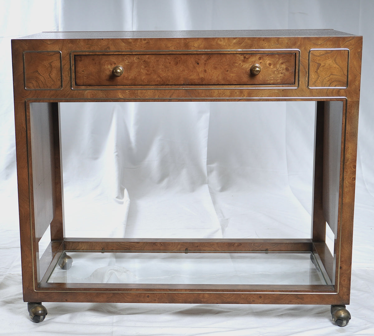Mastercraft Drop Leaf Burl Wood Rolling Serving Cart Bar with Textured Brass Top