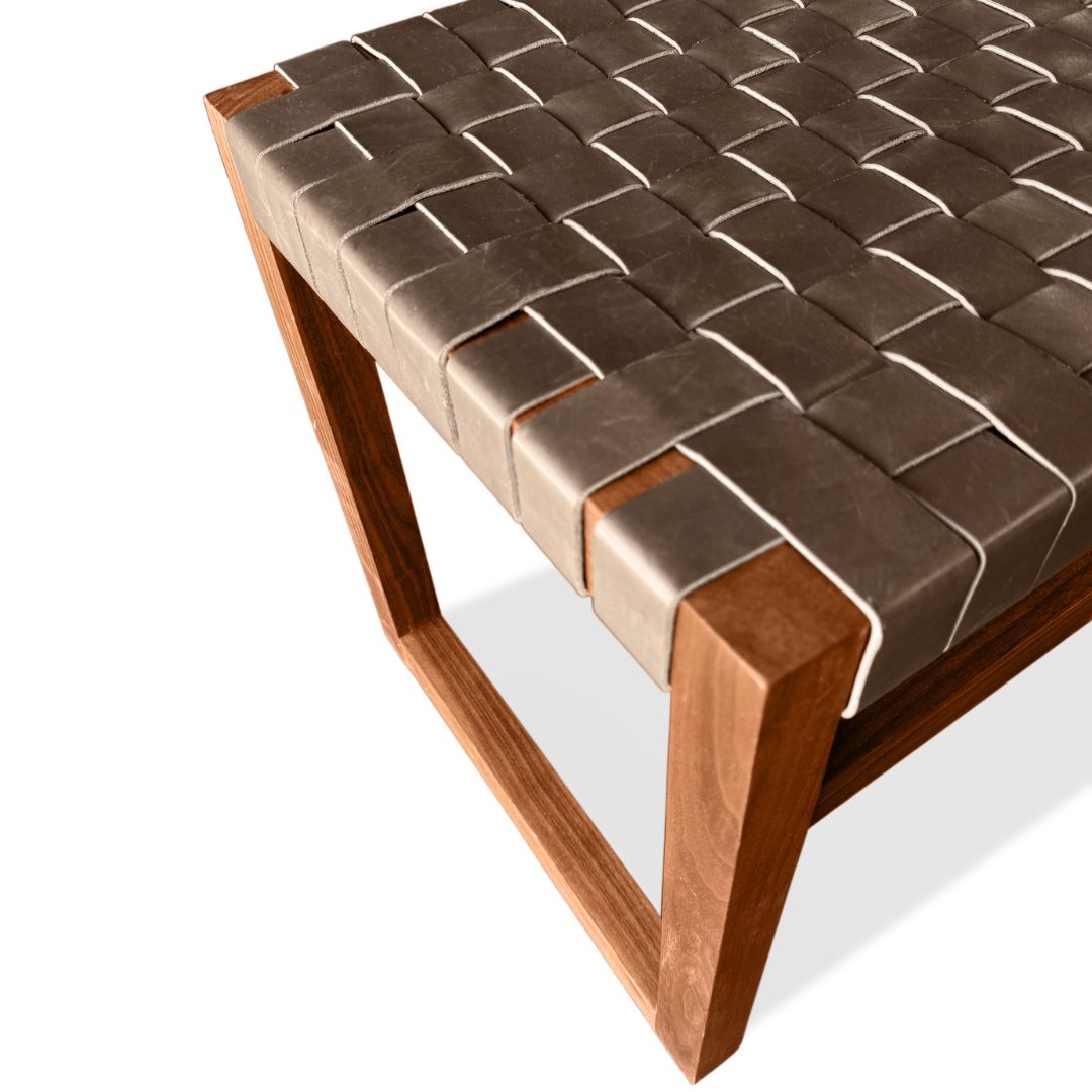 Modern Teak Bench with Woven Leather by Edward Smith