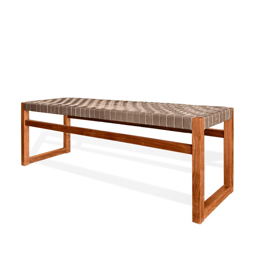 Modern Teak Bench with Woven Leather by Edward Smith