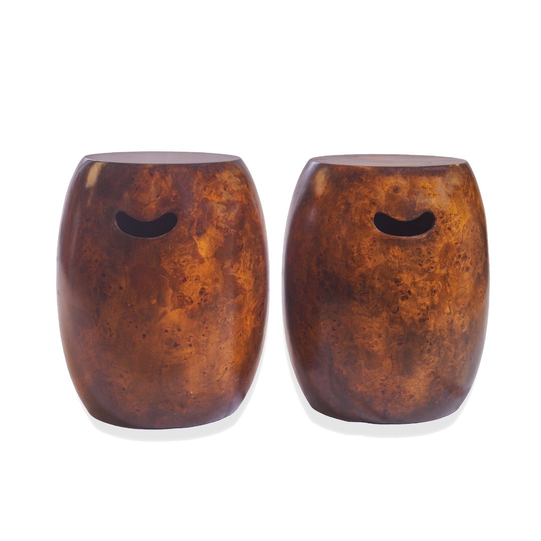 Vintage Barrel Burl Maplewood Veneer Stools C1970s, Pair of