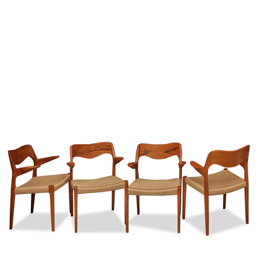 Set of 4 Møller Model 55 Teak and Papercord Armchairs