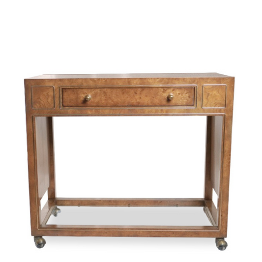 Mastercraft Drop Leaf Burl Wood Rolling Serving Cart Bar with Textured Brass Top