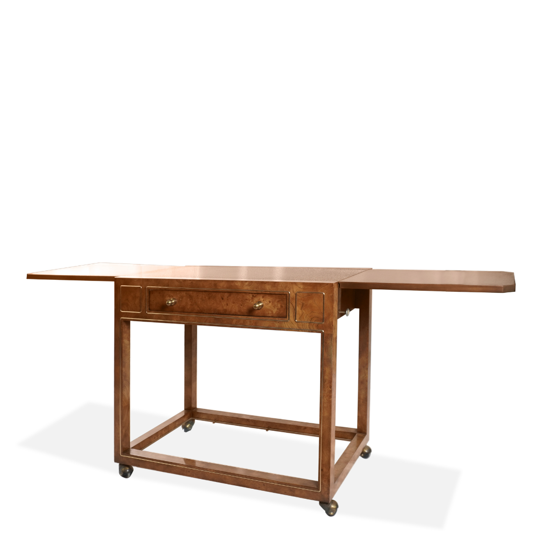Mastercraft Drop Leaf Burl Wood Rolling Serving Cart Bar with Textured Brass Top