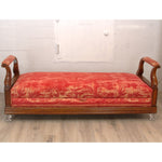 Antique Louis Philippe Walnut Window Bench with Fortuny Upholstery and Lucite Legs 19thC